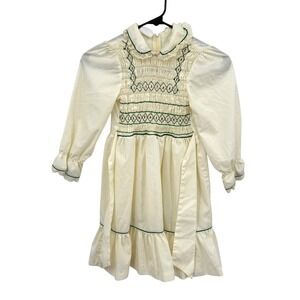 Polly‎ Flinders Smocked Dress Girls 7 Cream Embroidered Peter Pan Collar Vintage